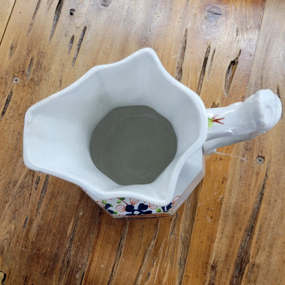 Antique Pitcher Jug Octagon Shape Cobalt Blue Orange Green Ceramic Floral 8 Side
